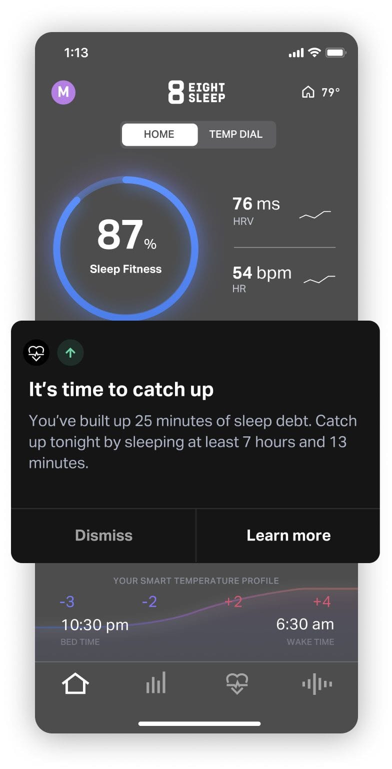 Eight Sleep mobile app alerting the user how much sleep they should get tonight to catch up on previously missed sleep.