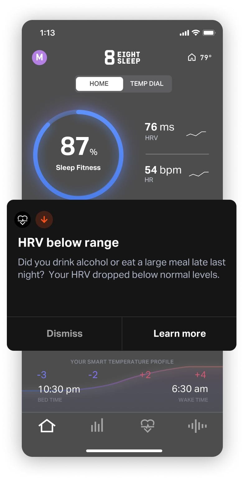 Eight Sleep mobile app alerting the user that their heart rate variability (HRV) dipped below normal levels last night.