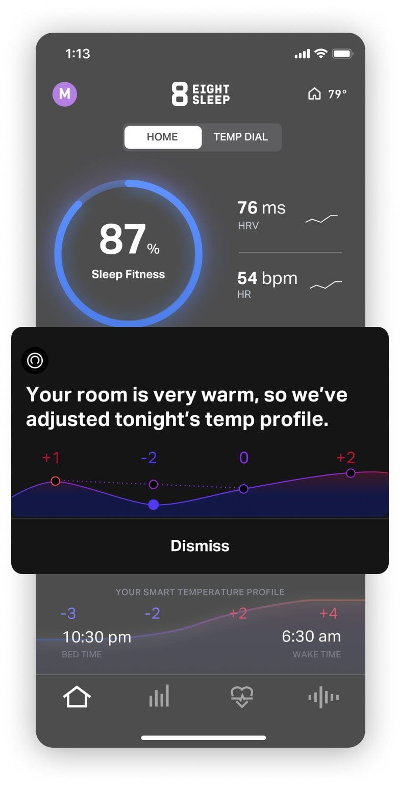Eight Sleep mobile app alerting that the Pod is automatically adjusting the bed temperature because the room is very warm.