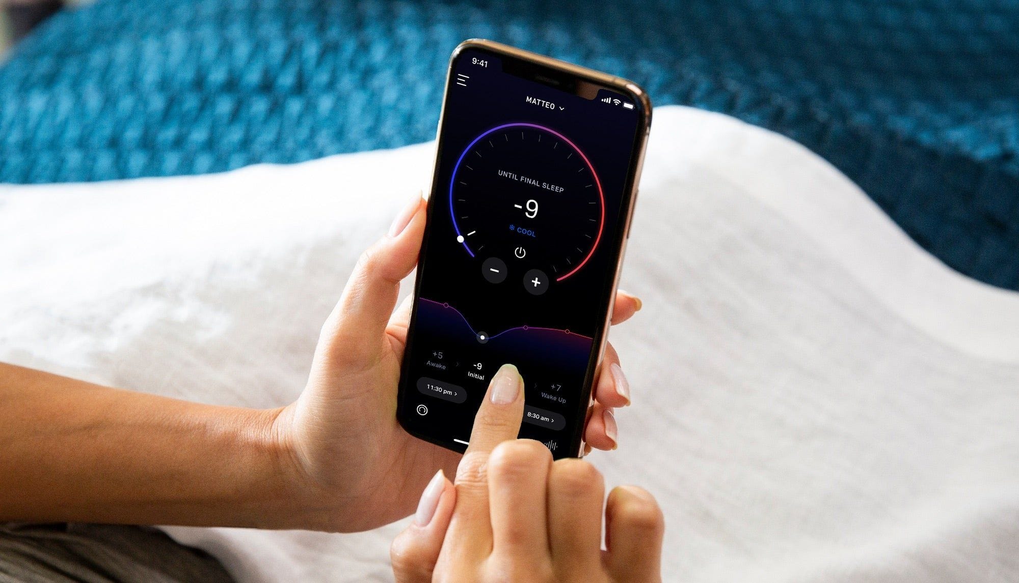 Eight Sleep Pod Pro person using app to set temperature